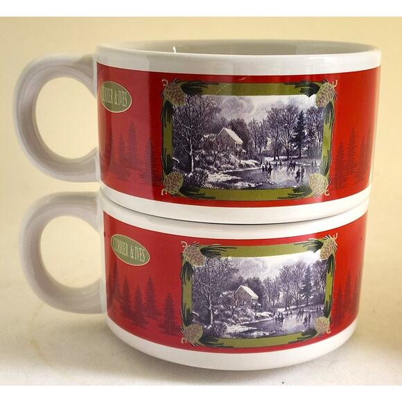 SOUP BOWLS-CURRIER & IVES-HOUSTON HARVEST-Holiday Design-Winter Skating-Set of 2 - Picture 1 of 13